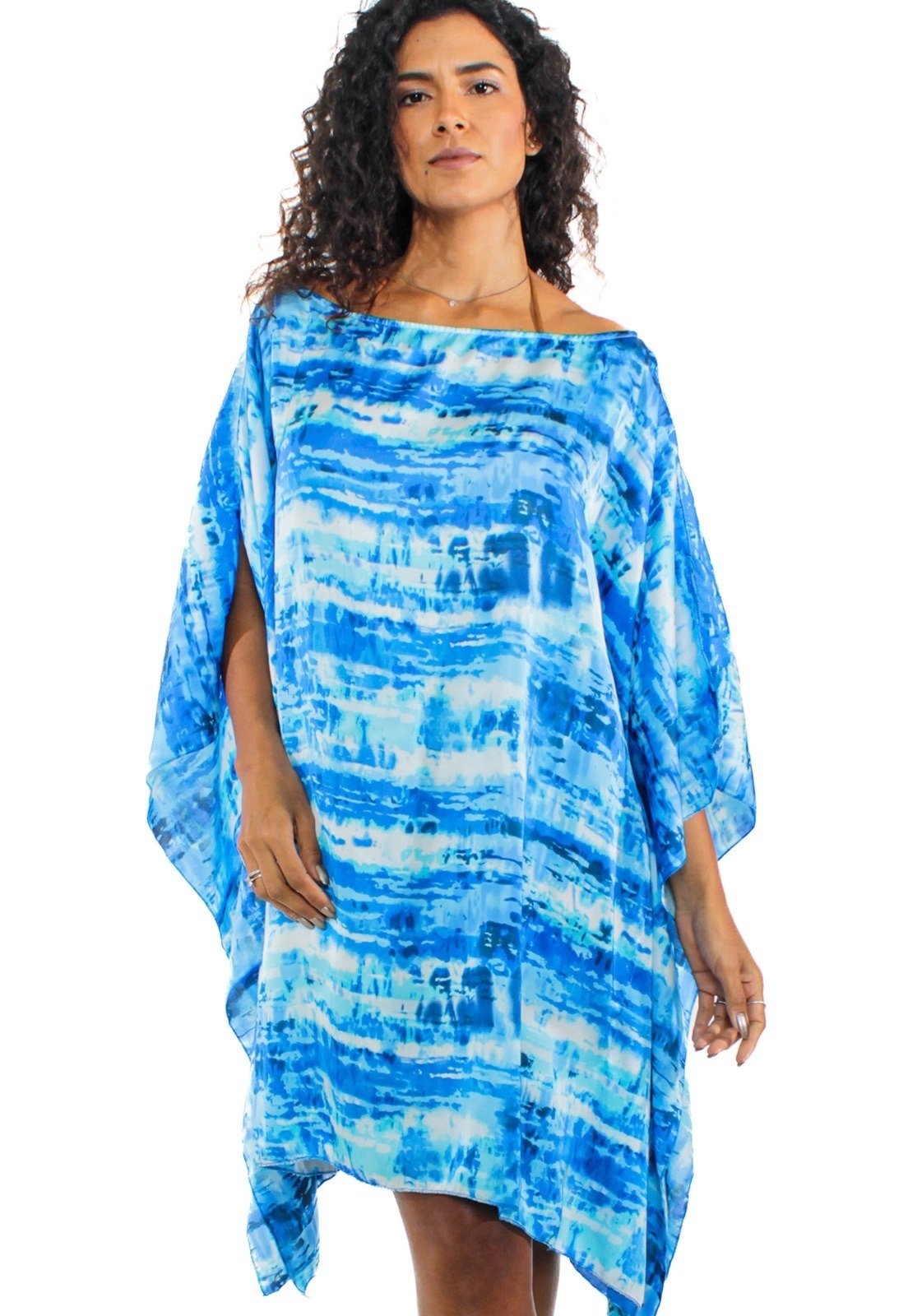 Vista 3 Vestido Kaftan Saída Amplo Crepe Acetinado Estampado Manchado 101 Resort Wear azul 101 Resort Wear azul