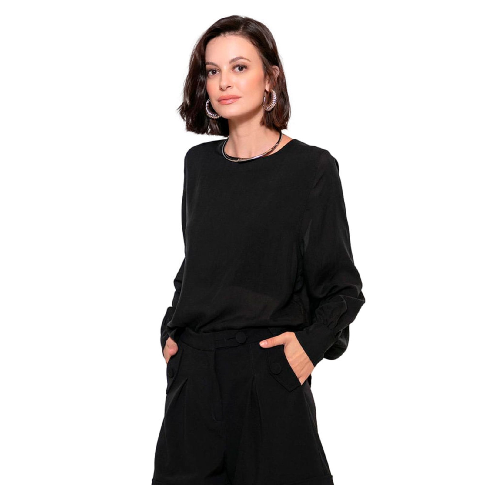Blusa Feminina Biamar Manga Longa Algodão Gola Redonda Preto
