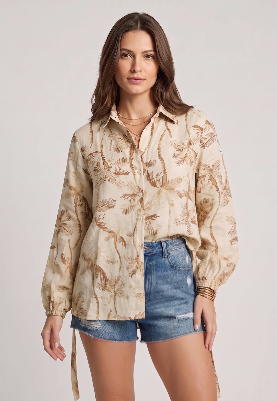 Camisa Feminina Lez a Lez Estampada Manga Longa Bege