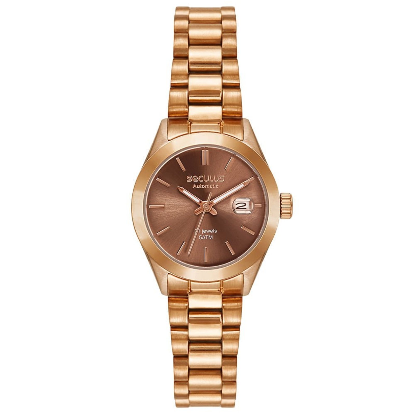Relógio Feminino Aço Marrom Automático 28mm 5 ATM Index Seculus