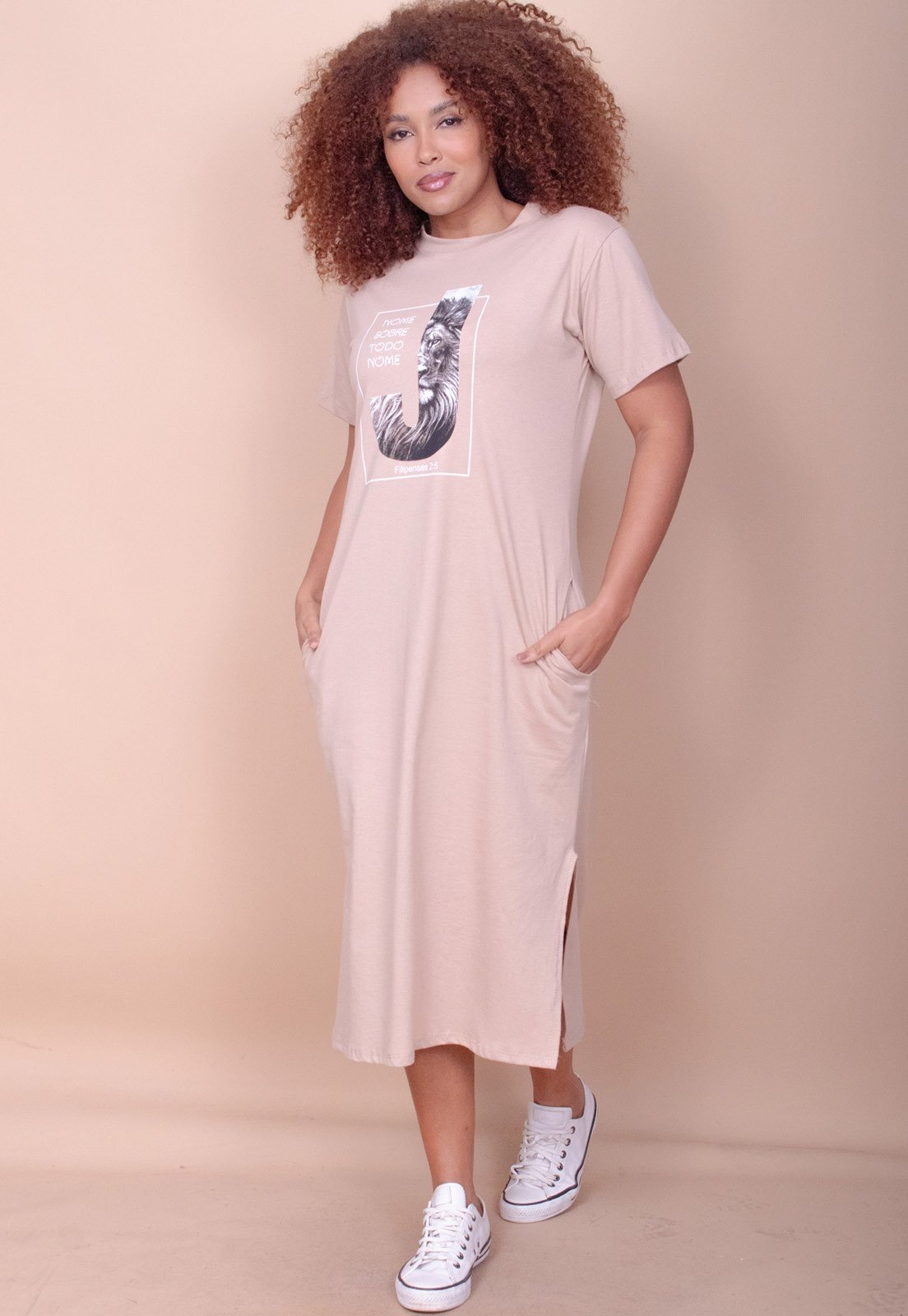 Vestido Cabanafree Midi Algodão Manga Curta Moda Evangélica Bege