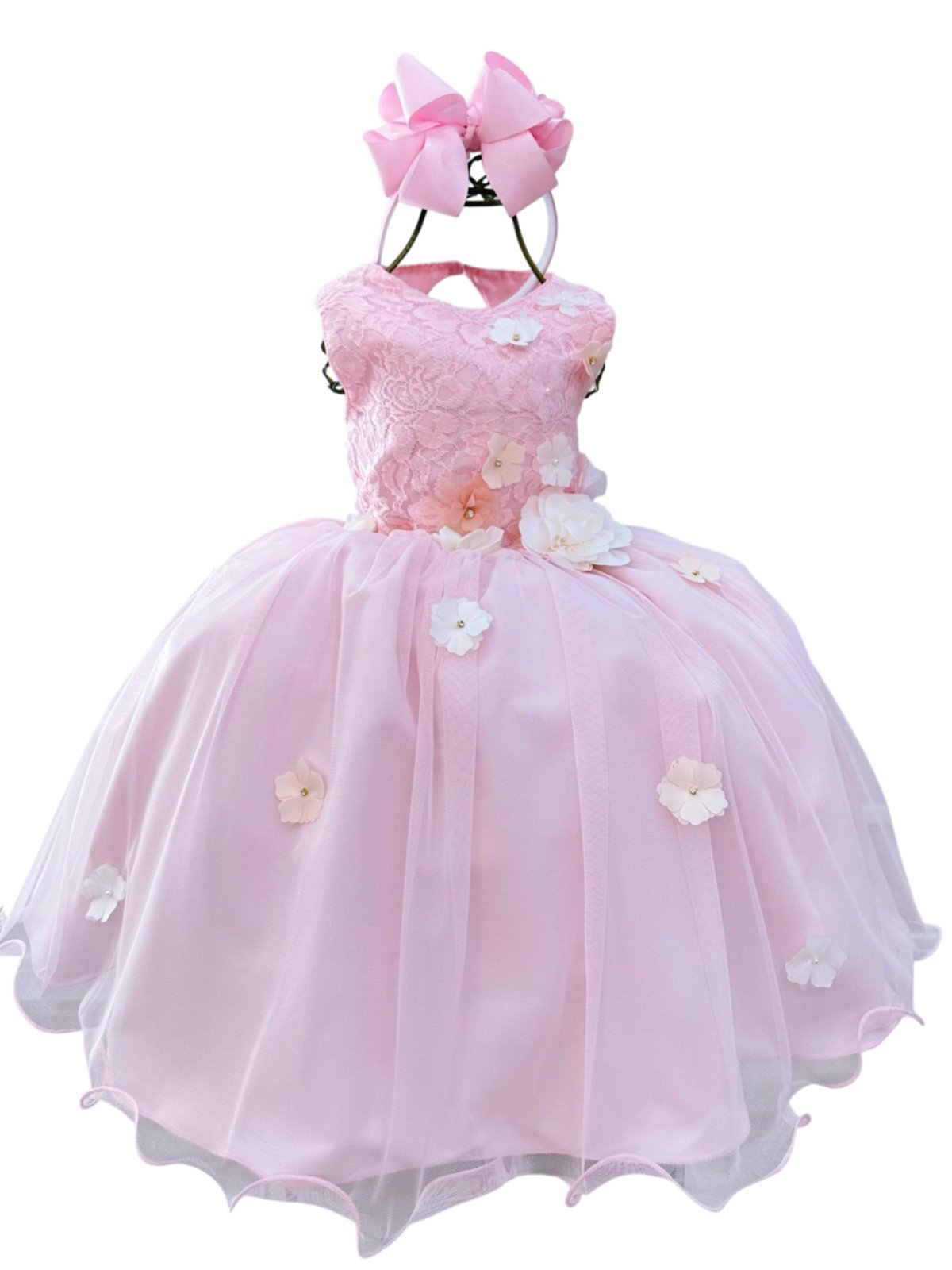 Infantil - Vestido Menina Juvenil Festa Rosa Claro Rosa Formatura Casamento Florista Dama Daminha Aniversário Luxo Flores Renda Rodado Social Juvenil
