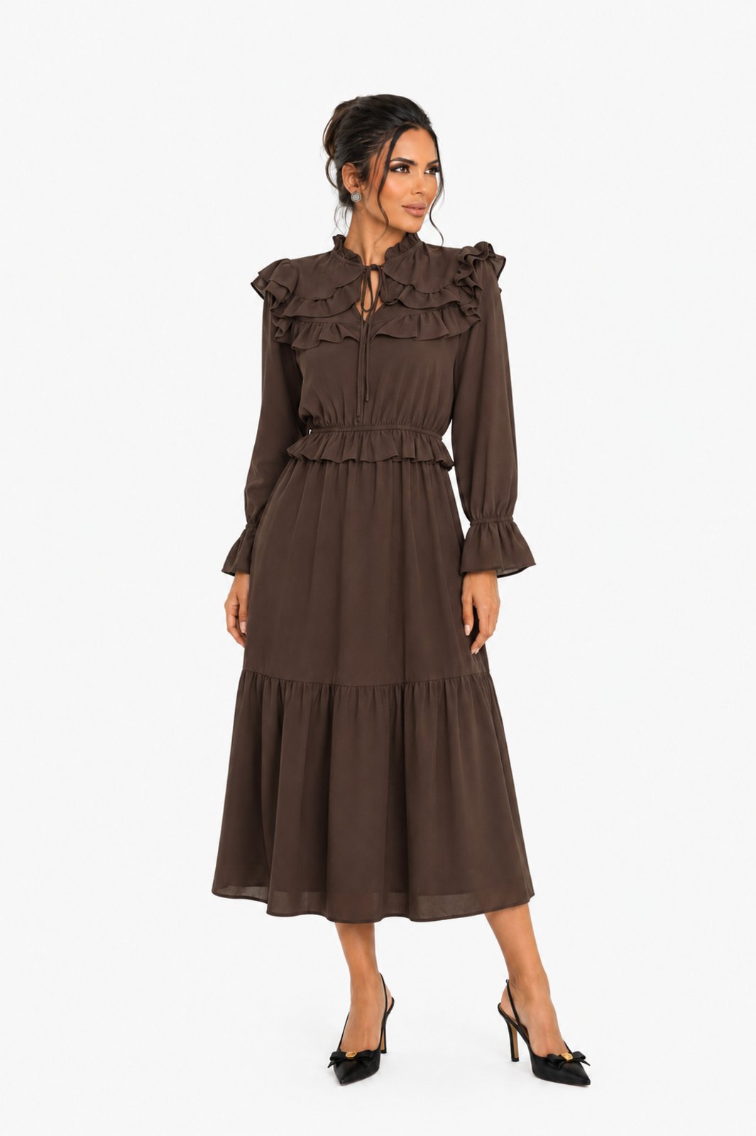 Vestido Midi D Bell Outlet Fashion Crepe Babados Marrom