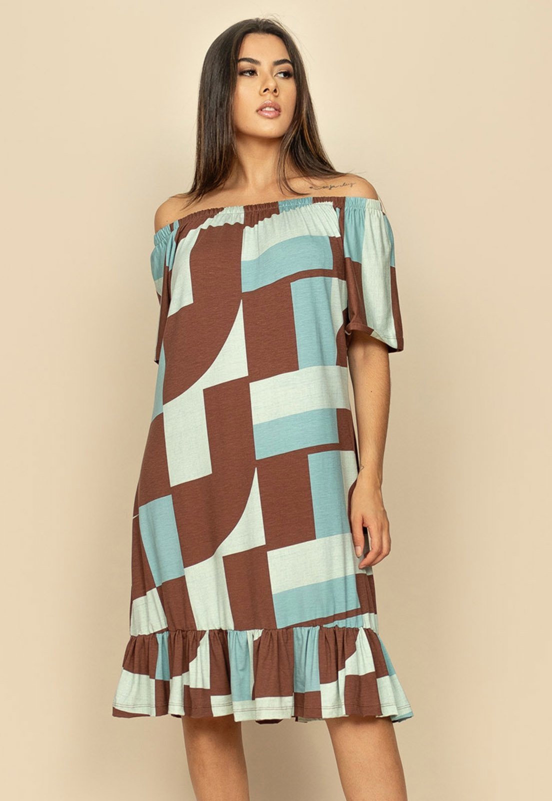 Vestido Curto Yanomami Malha Mullet Ombro a Ombro Amplo Estampa Santa Rosa do Tocantins
