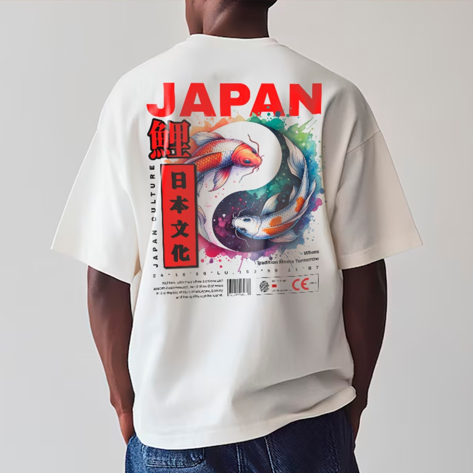 Camiseta Oversized Premium Japão Carpas Koi Arte Japonesa Unissex Branco