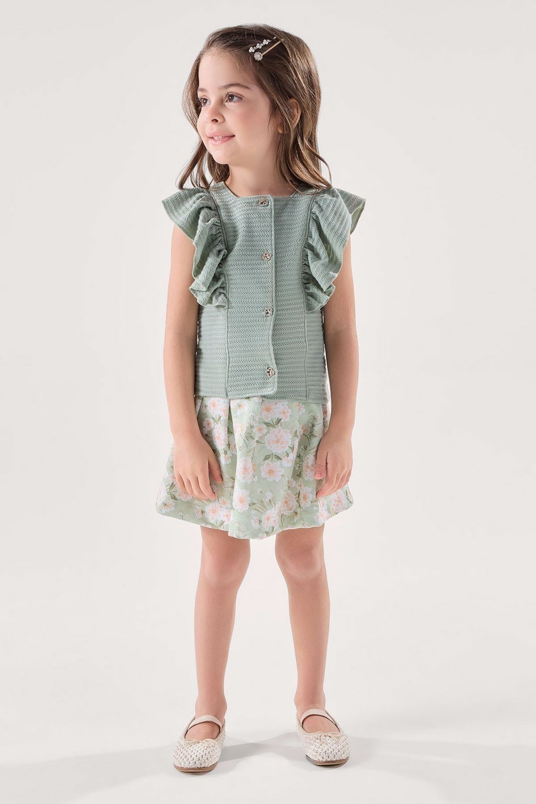 Infantil - Conjunto Blusa Verde Texturizada com Short-Saia Estampado