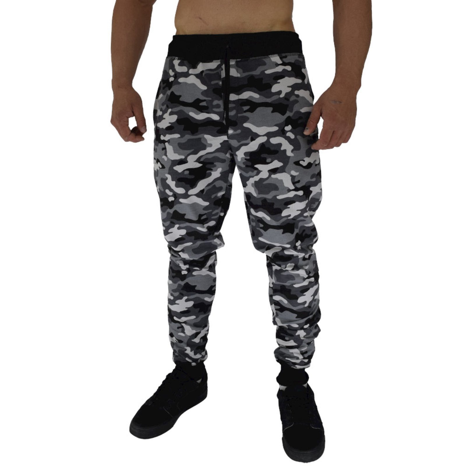 Calça Masculina Alto Conceito Moletom Slim Fit Camuflado Cinza/Preto Calça Masculina Alto Conceito Moletom Slim Fit Camuflado Cinza/Preto
