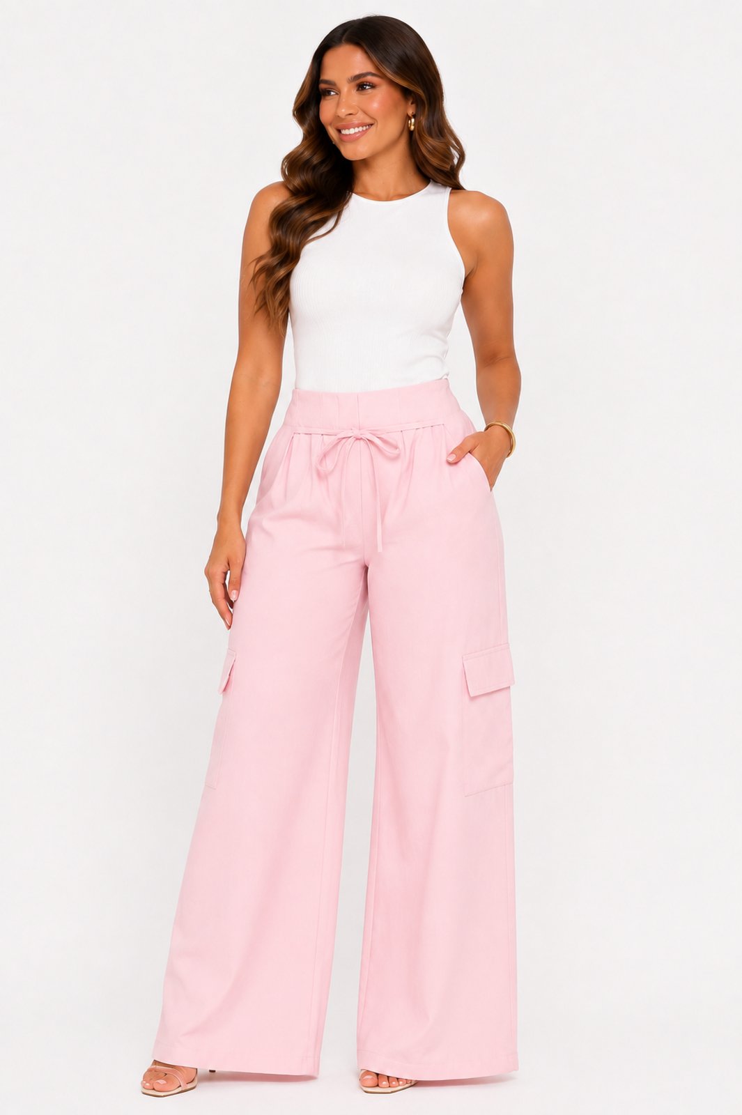 Calça Pantalona D Bell Outlet Fashion Com Amarração Rosa