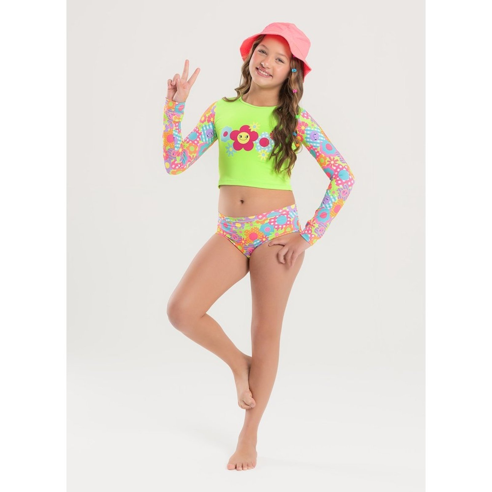 Conjunto Biquíni Menina Verde Cropped Manga Longa e Calcinha Flores Sorridentes