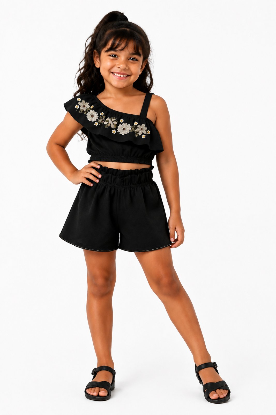 Infantil - Conjunto D Bell Outlet Fashion Cropped Com Flores E Short Preto