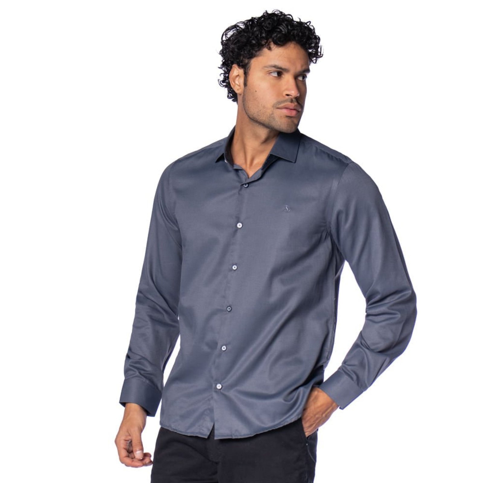 Camisa Masculina Amil Manga Longa Slim Cinza Escuro