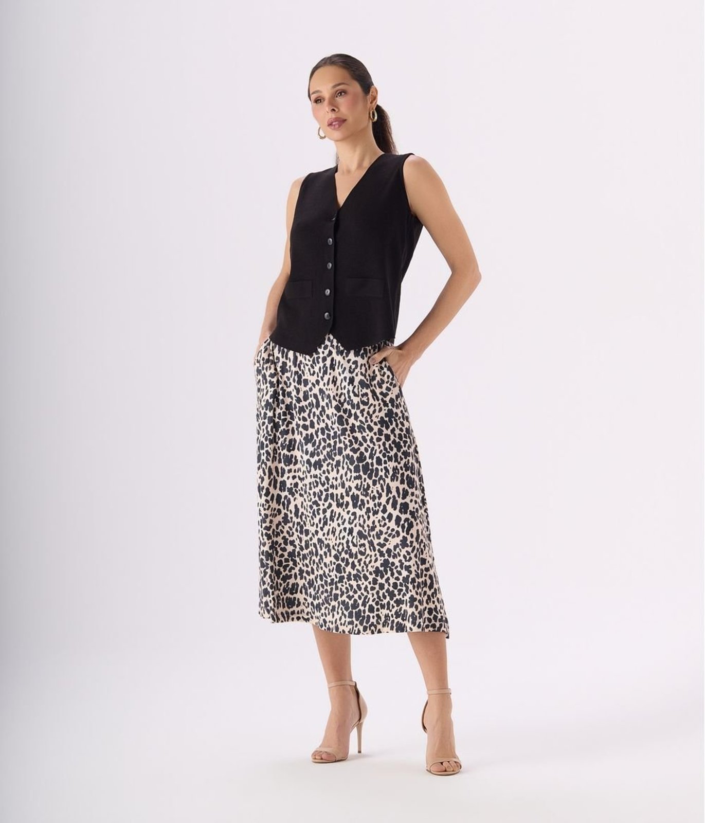 Saia Makenji Midi Animal Print Bolso Feminina Onca