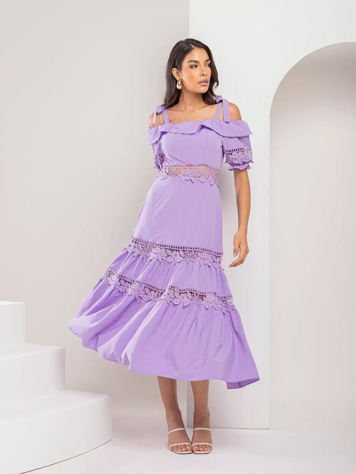 Vestido Midi Com Renda Guipir Lily Daisy LD270 Lilás