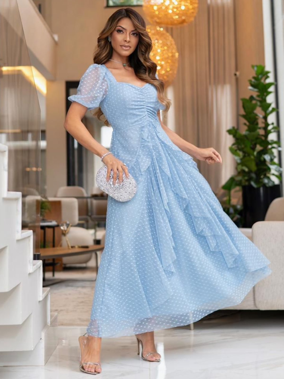 Vestido de Festa Longo Tule com Babado Drapeado Social Elegante Social Azul