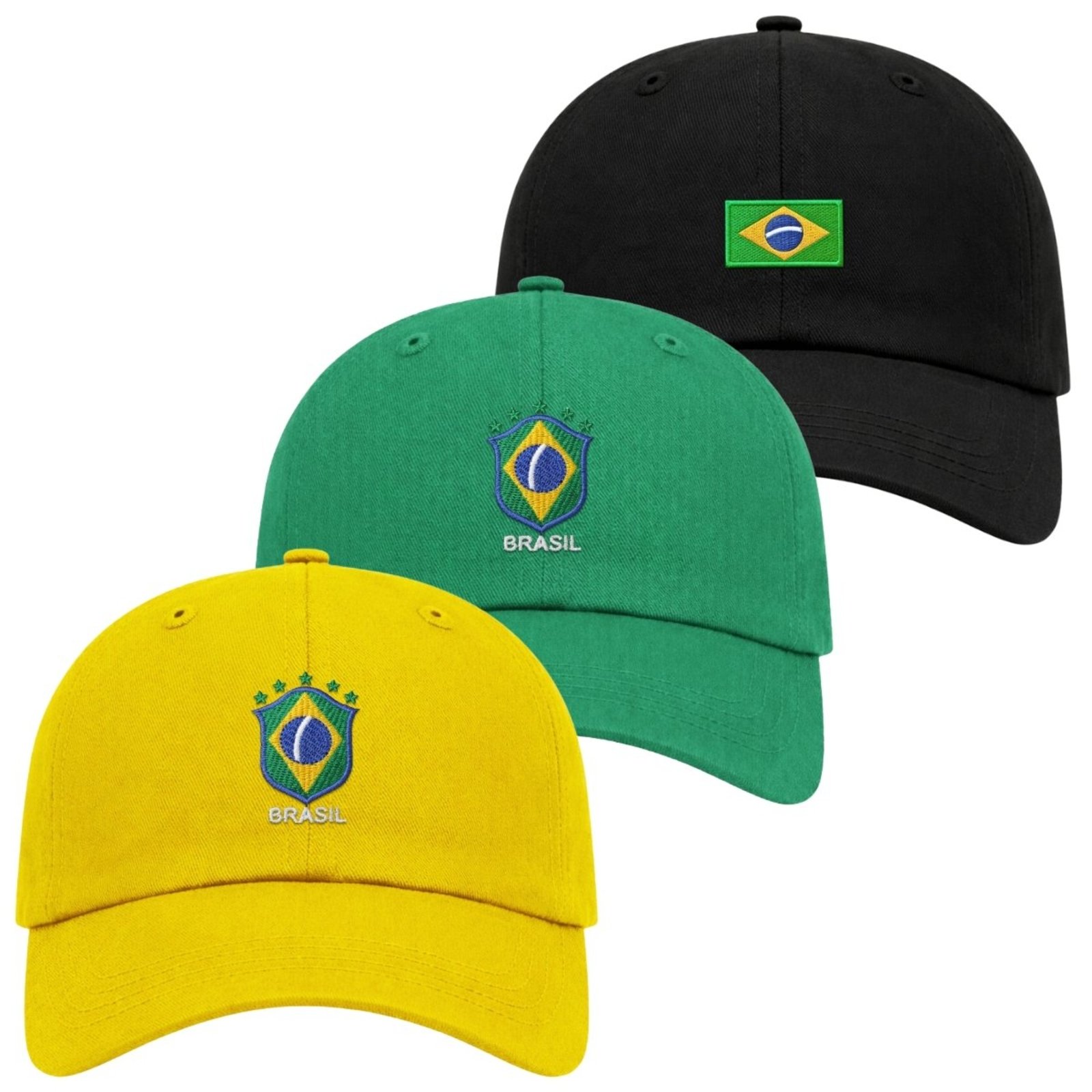 Kit 3 Bonés Aba Curva com Ajuste Moderno Confortável Brasil Bordado