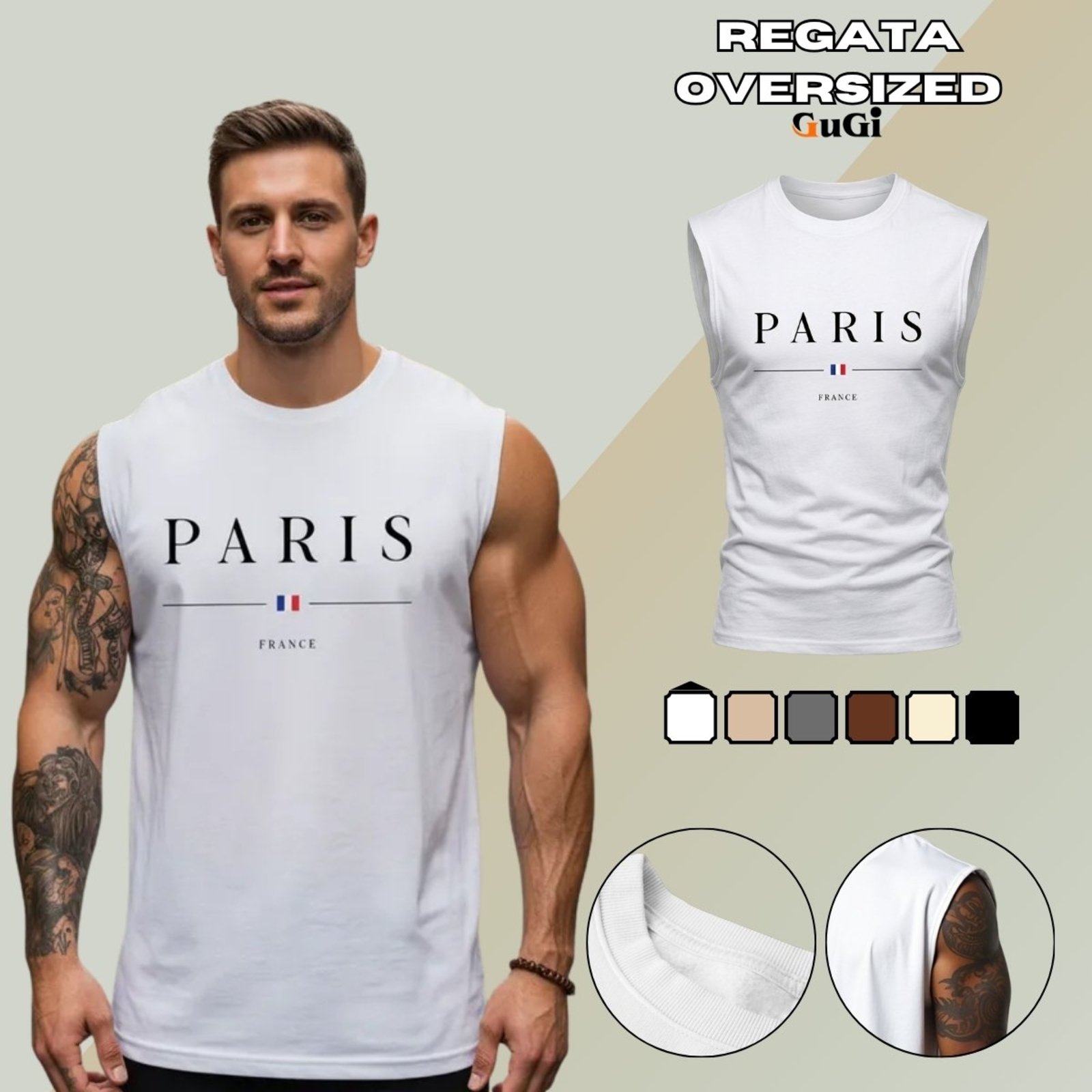 Camiseta Regata Masculina Oversized Estampada Cidade Paris 100% Algodão 30.1 Branco