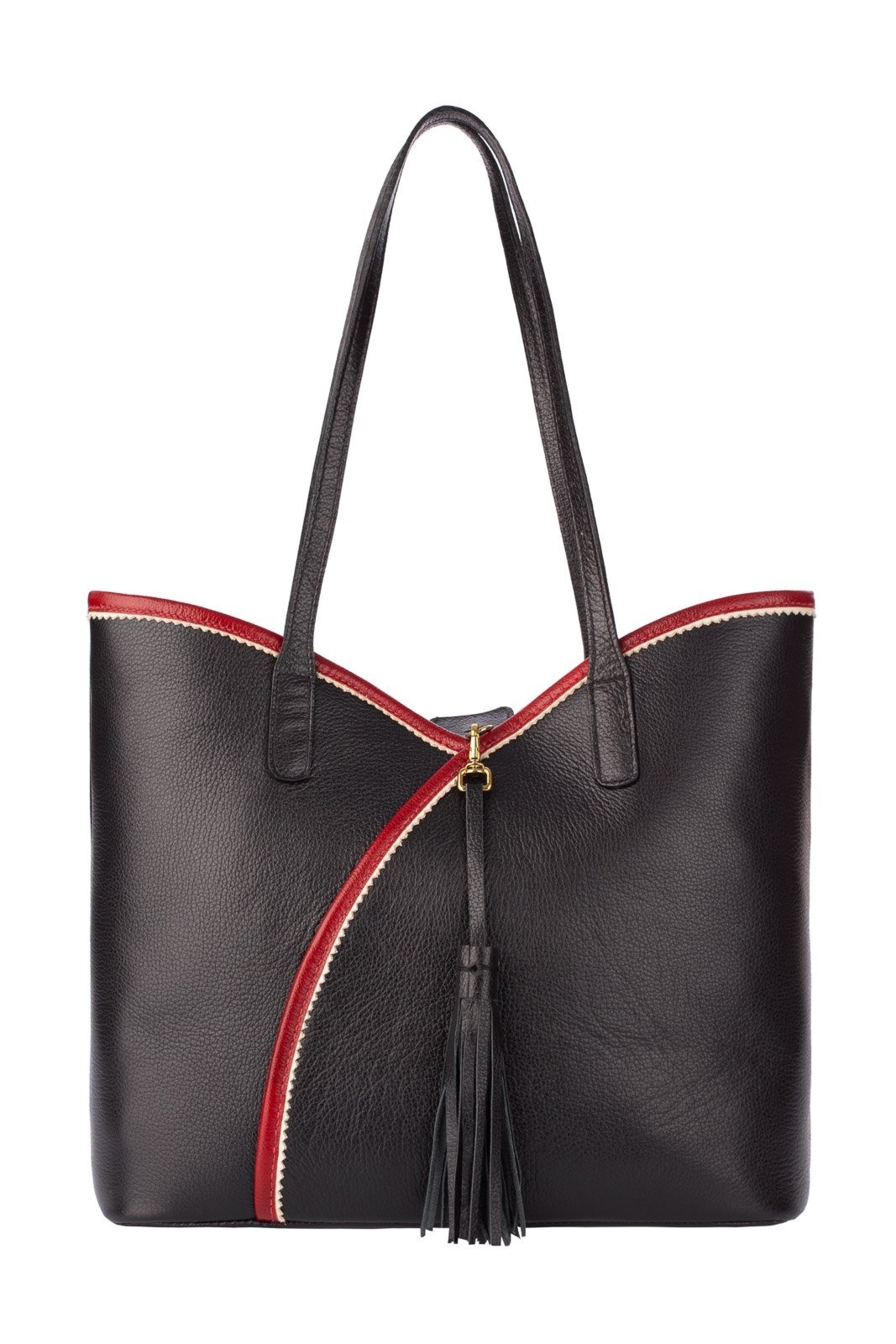 Bolsa grande de couro liso Rachel - Preto/Vermelho