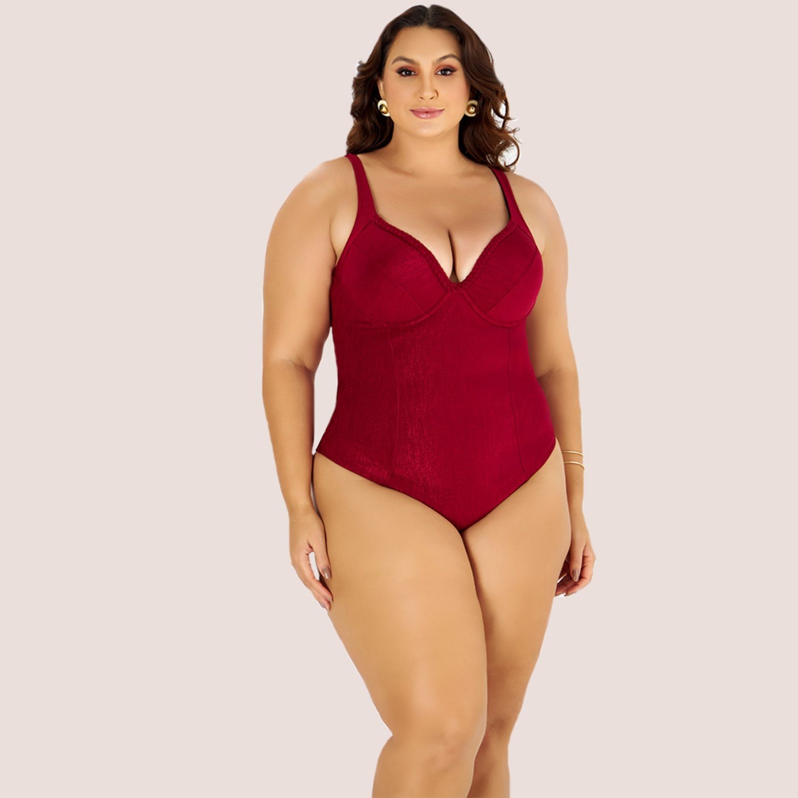 Maiô Modelador Zero Barriga com Bojo e Trançado Plus Size Marsala
