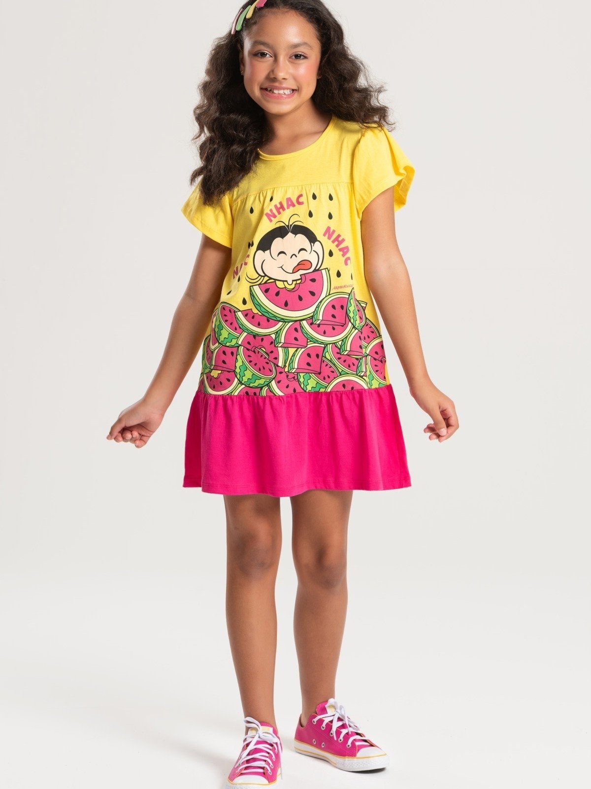 Infantil - Vestido Turma da Mônica Magali Nhac Nhac Nhac Amarelo