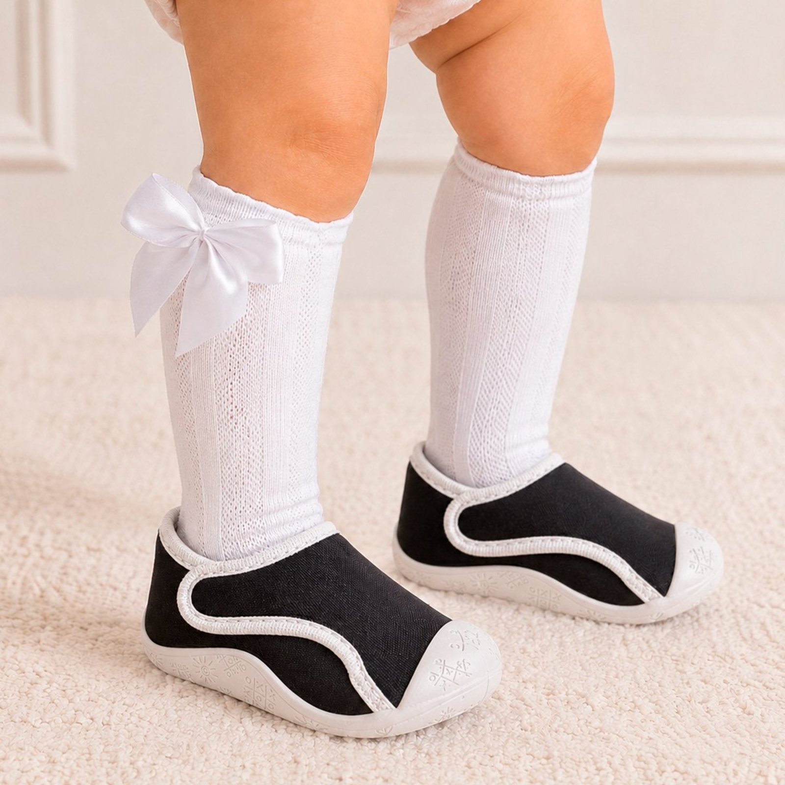 Infantil - Kit Sapatinho Preto e Branco de com Bico Protetor dos Dedos e Meia Branca Laço Cetim Pepite