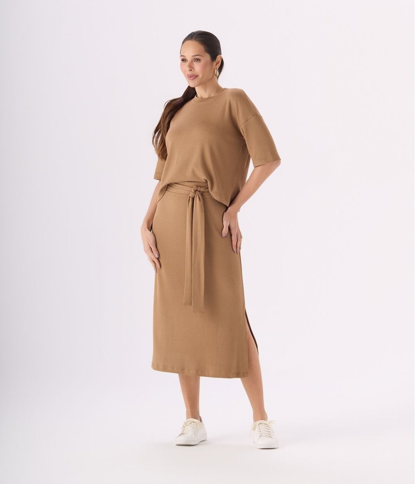 Saia Makenji Malha Canelada Premium Cos Largo Feminina Bege Escuro