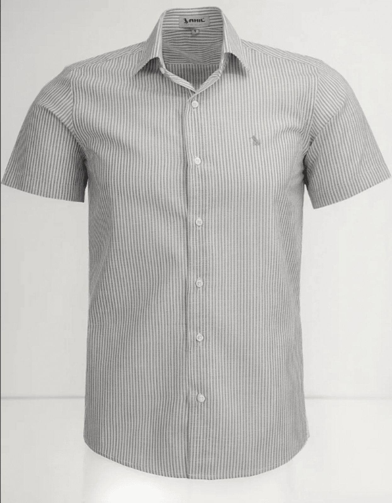 Camisa Social Amil Comfort Listrada Wind Algodão Manga Curta Luxo Preto