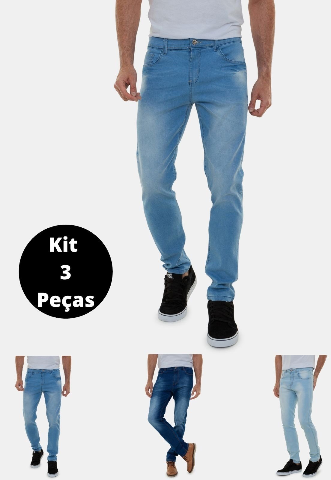 Kit 3 Calças Jeans Masculinas Lavagens Diferentes Claras Premium Azul San Diego