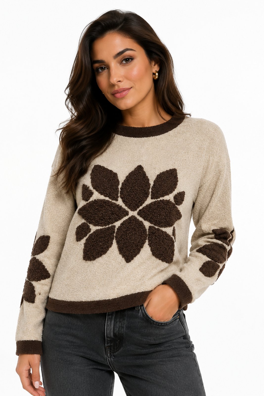 Blusa Tricôt D Bell Outlet Fashion Floral Folk Bege