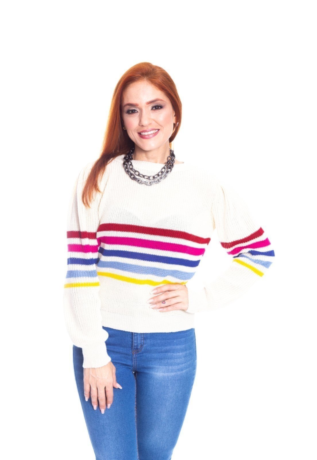 Blusa Moda Vício Manga Longa Princesa Com Faixa Colorida Tricô Off White