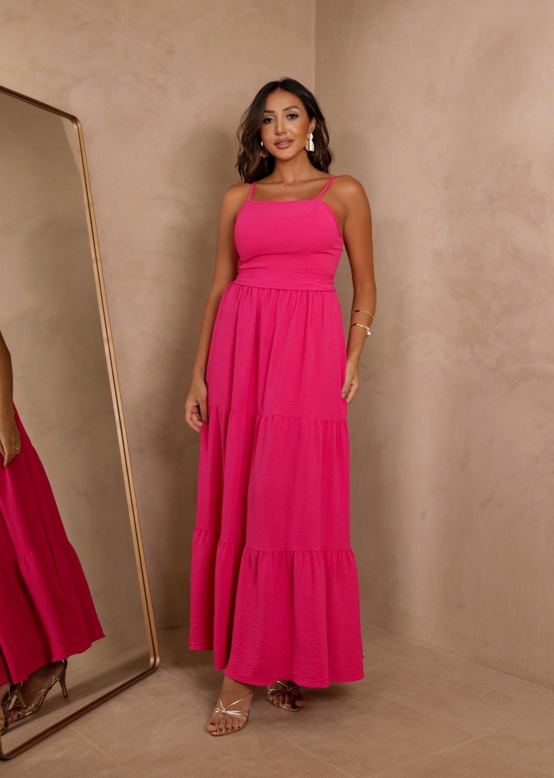 Vestido Alcinha Midi Liso Zamia Cia do Vestido Rosa Pink