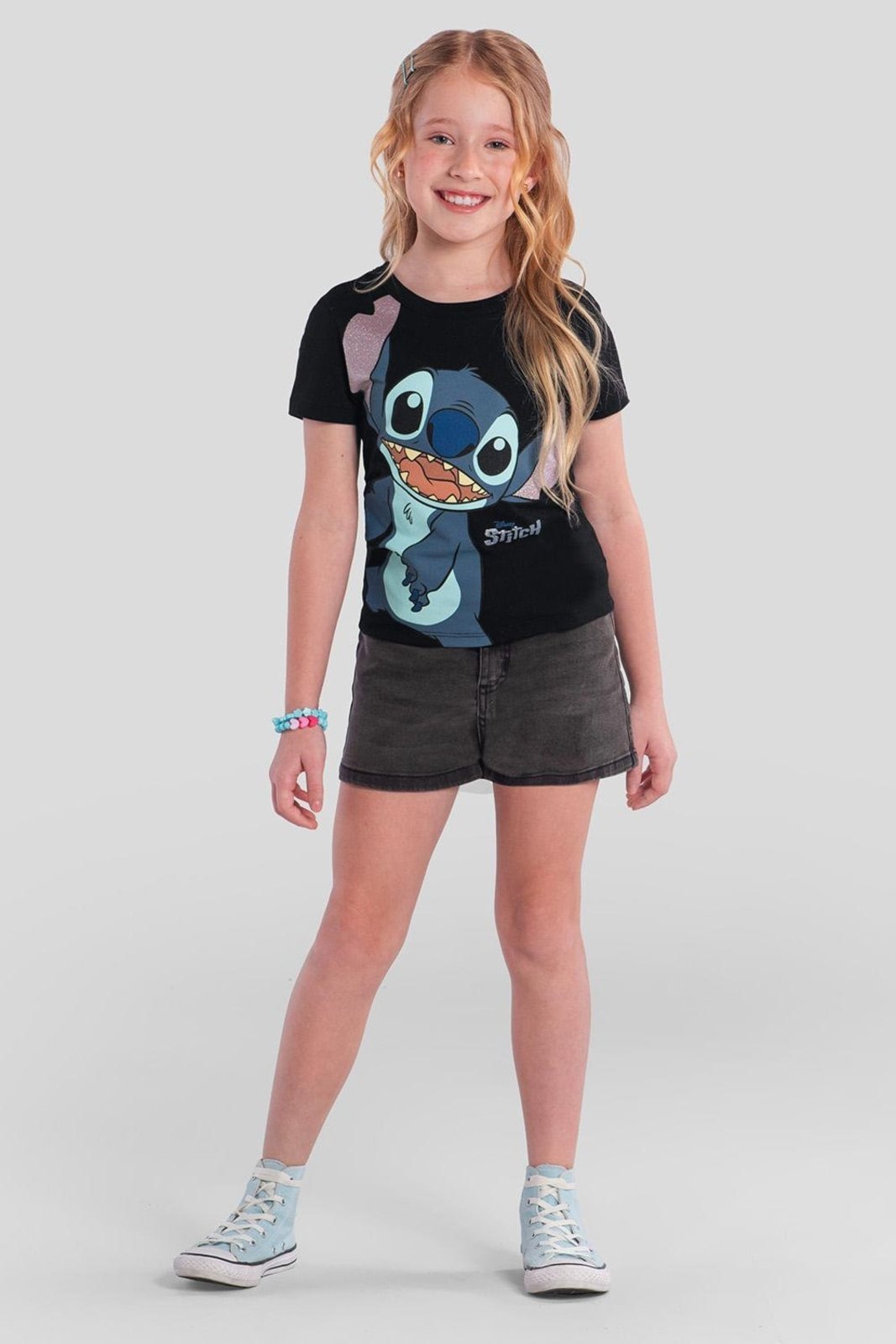 Infantil – Blusa menina brilhante do Stitch Brandili Preto