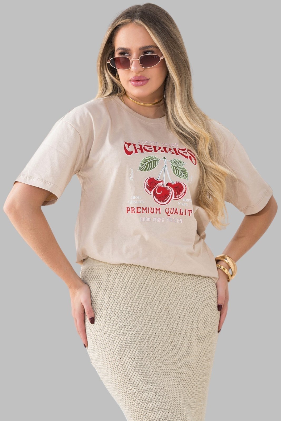 Blusa Feminina Oversized Cianitas Chocolate Estampa Always Cherries
