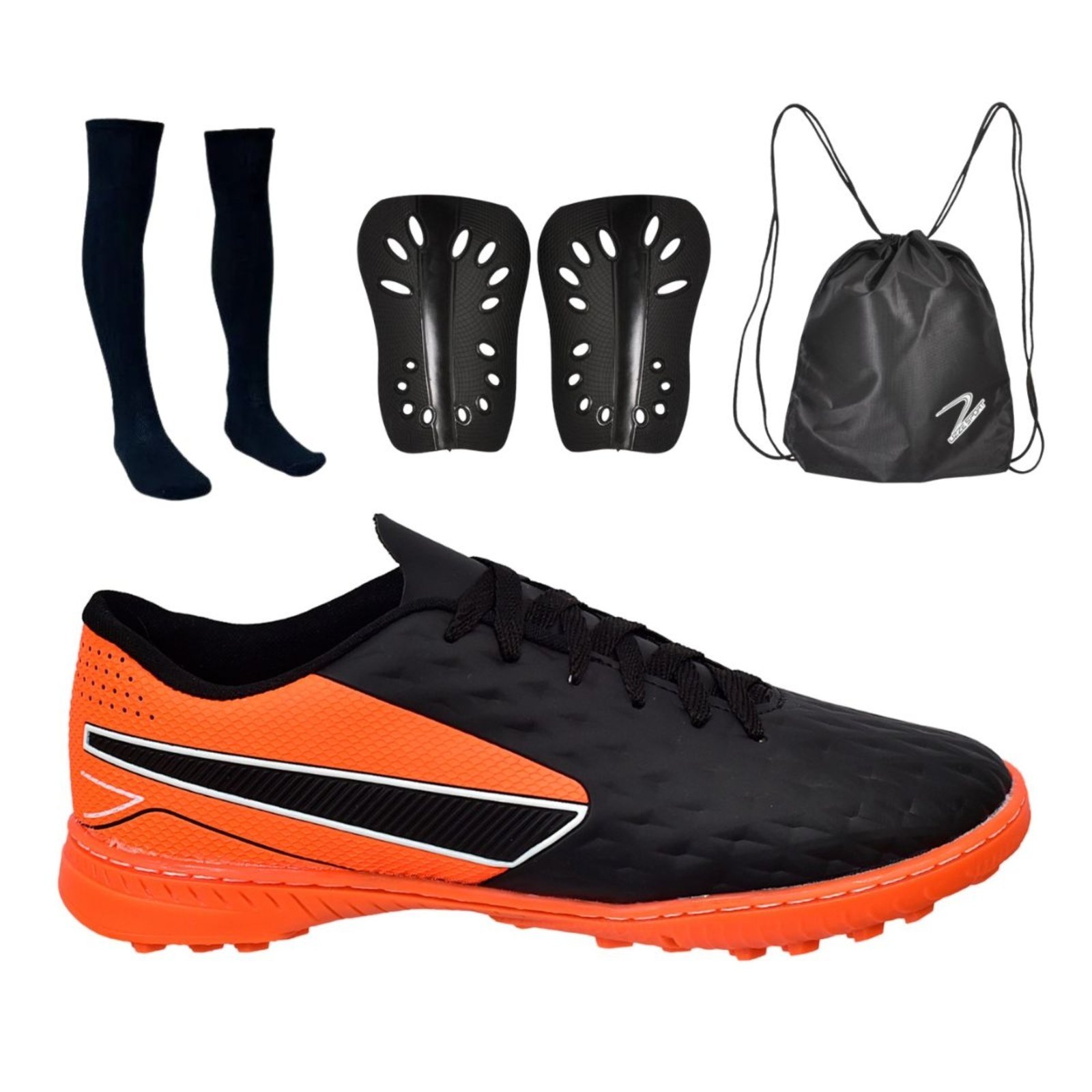 Vista 2 Chuteira Society Impactor Gramado Sintético Uzze Costurada + Meião + Mochila + Caneleira Uzze Sport laranja/preto Uzze Sport laranja/preto