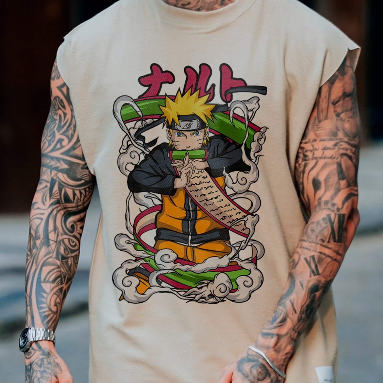 Camiseta Regata Machão Naruto Uzumaki Ninja Lendário Masculina Off White