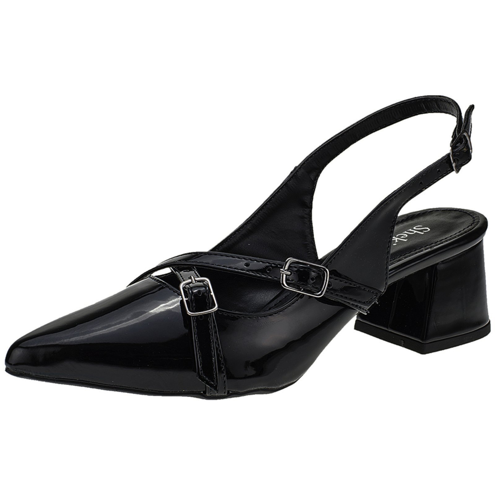 Vista 3 Scarpin Bico Fino Feminino Salto Baixo Slingback Shekinah Fivelas Moda Festa preto Shekinah preto