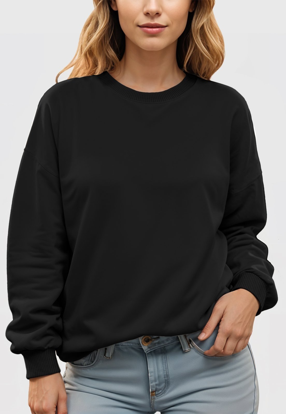 Vista 3 Blusa de Frio Moletom Feminino Flanelado Benellys Liso Gola Redonda preto Benellys preto