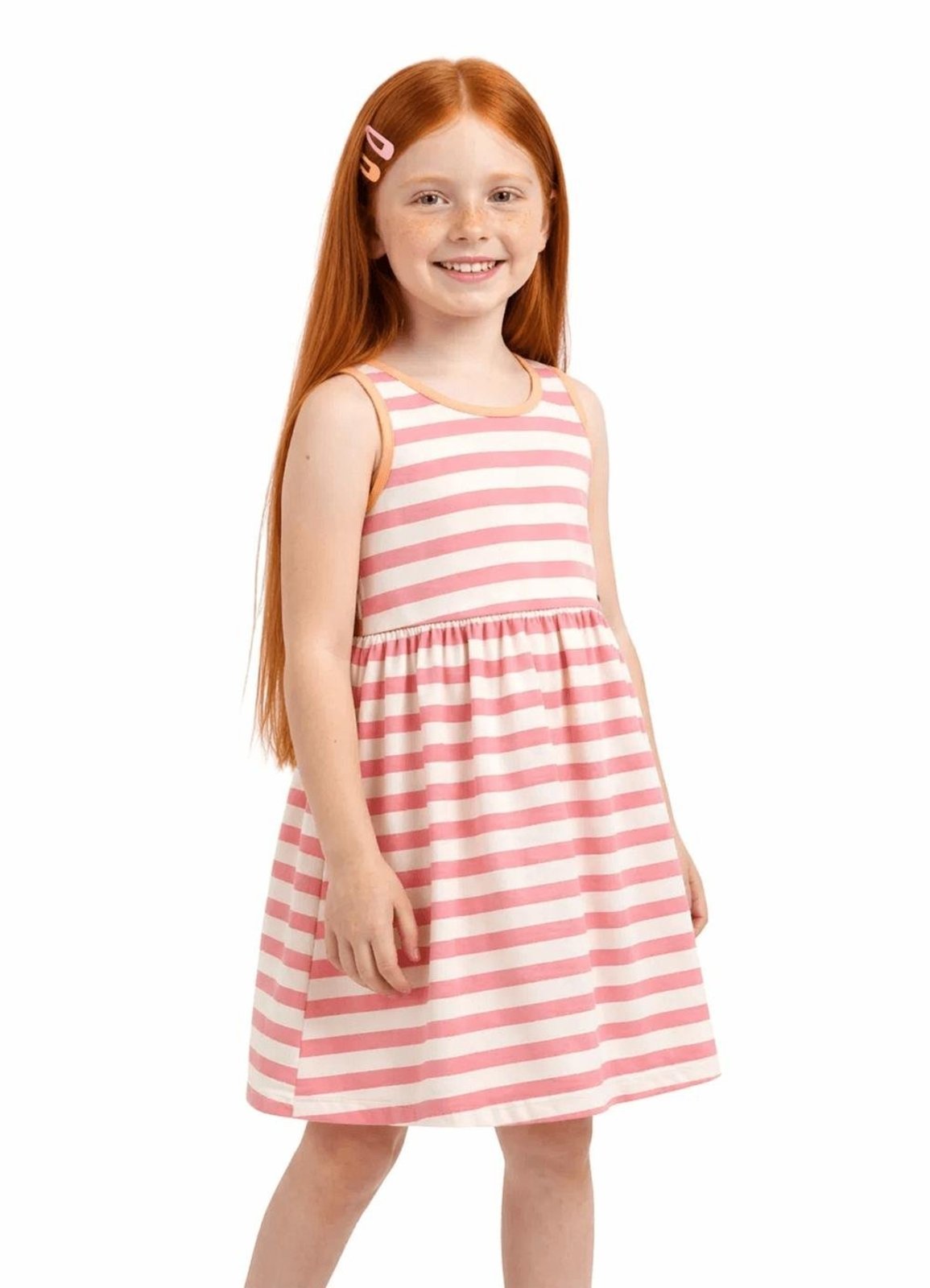 Infantil - Vestido Menina Listras Alphabeto Rosa e Off White Rosa