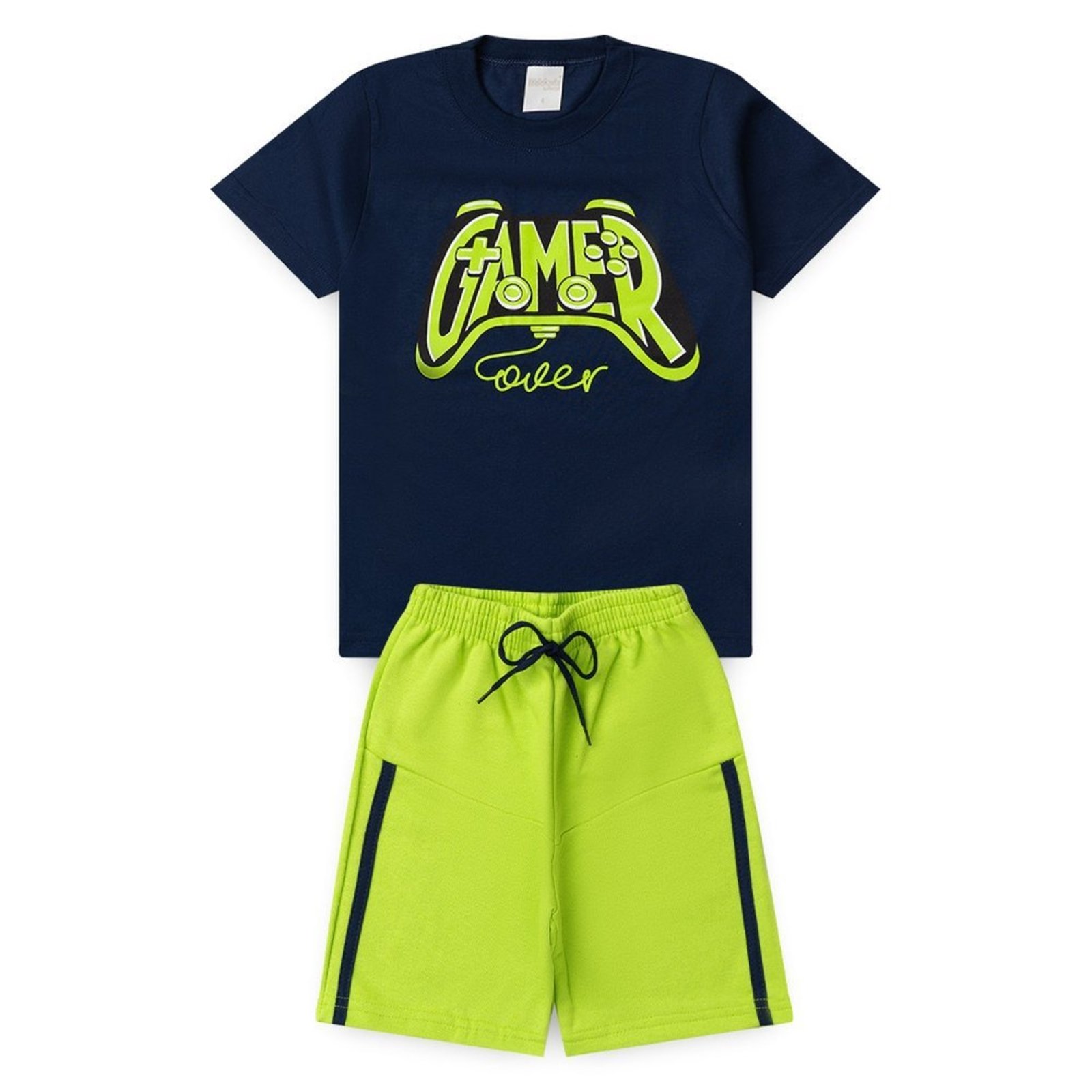 Infantil - Conjunto Verão Menino Marinho Camiseta e Bermuda com Recorte Gamer