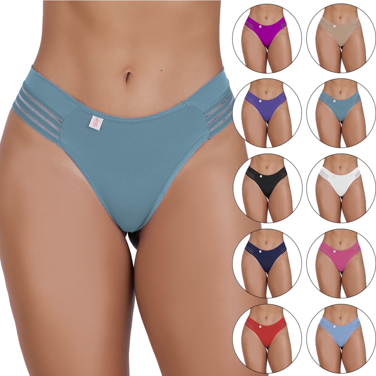 Vista 2 Kit 15 Calcinhas Gabi Lingerie Tanga Algodão Sexy Confortavel Detalhe Lateral multicolorido Gabi Lingerie multicolorido