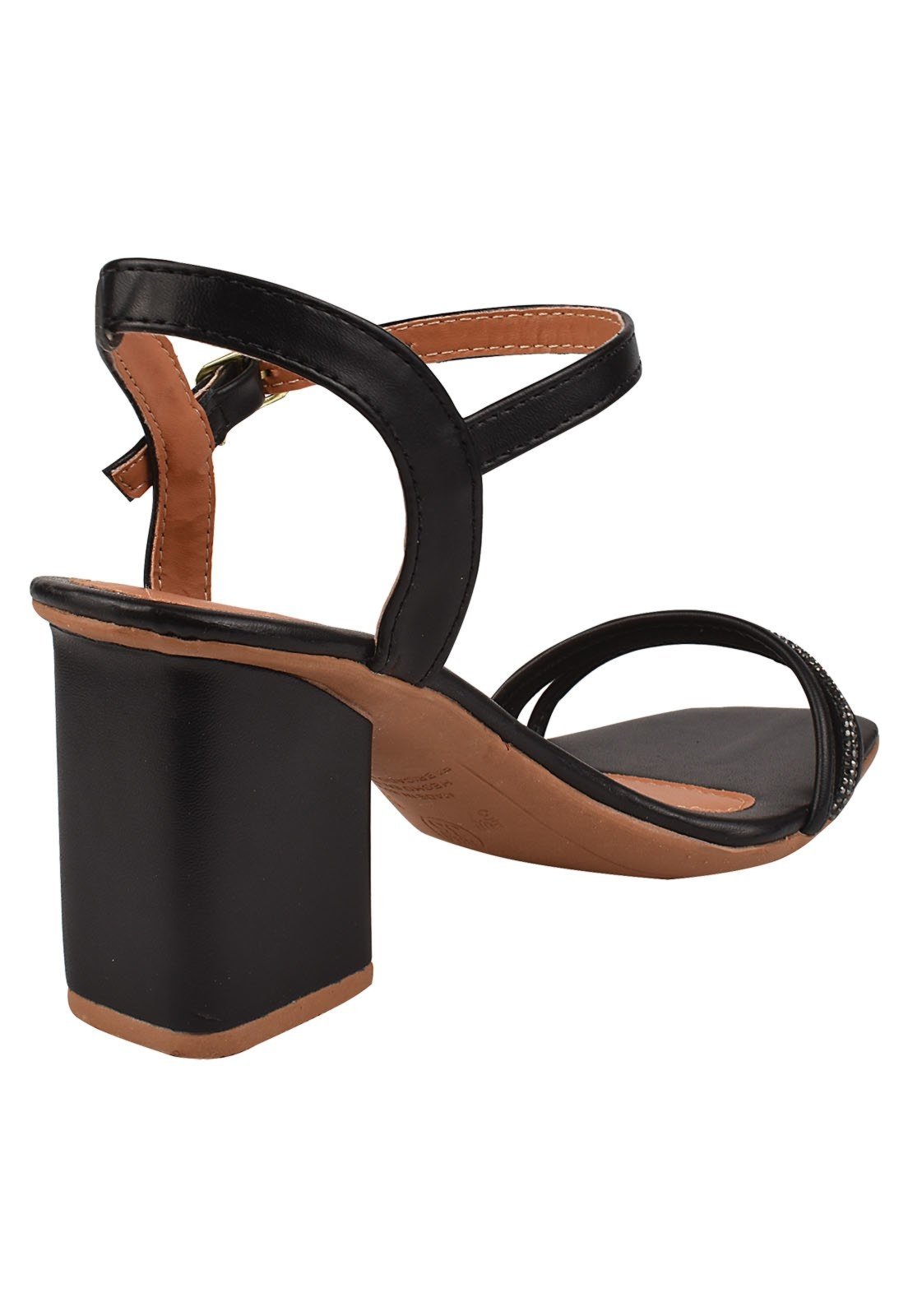 Sandália Salto Grosso Rosa Chic Calçados Feminino Salto Baixo Bloco Brilho Strass Bico Quadrado Preto