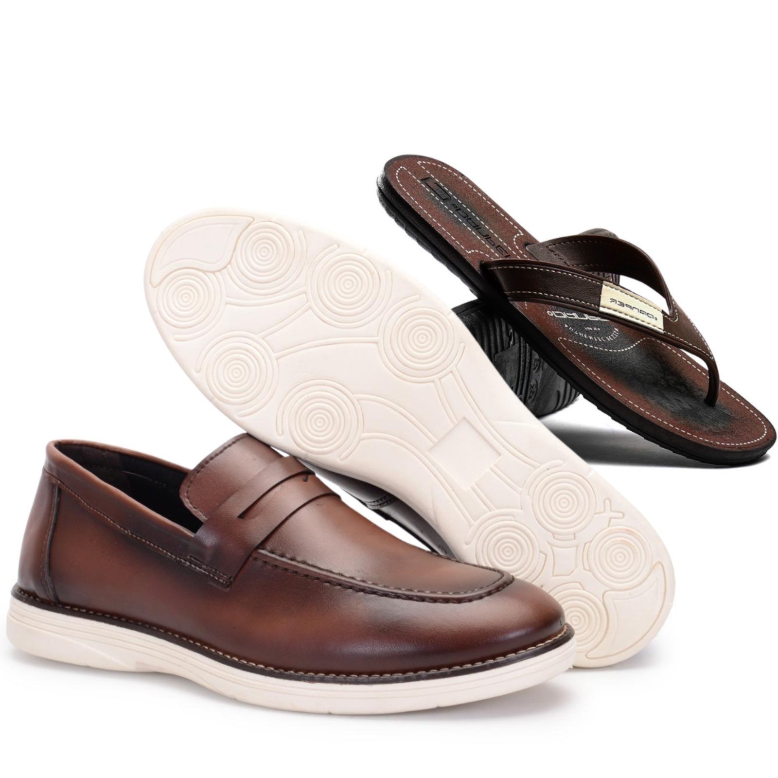 Kit Mocassim Masculino Loafer Verão Sapatofran Com Chinelo Café Versátil Confortável Marrom