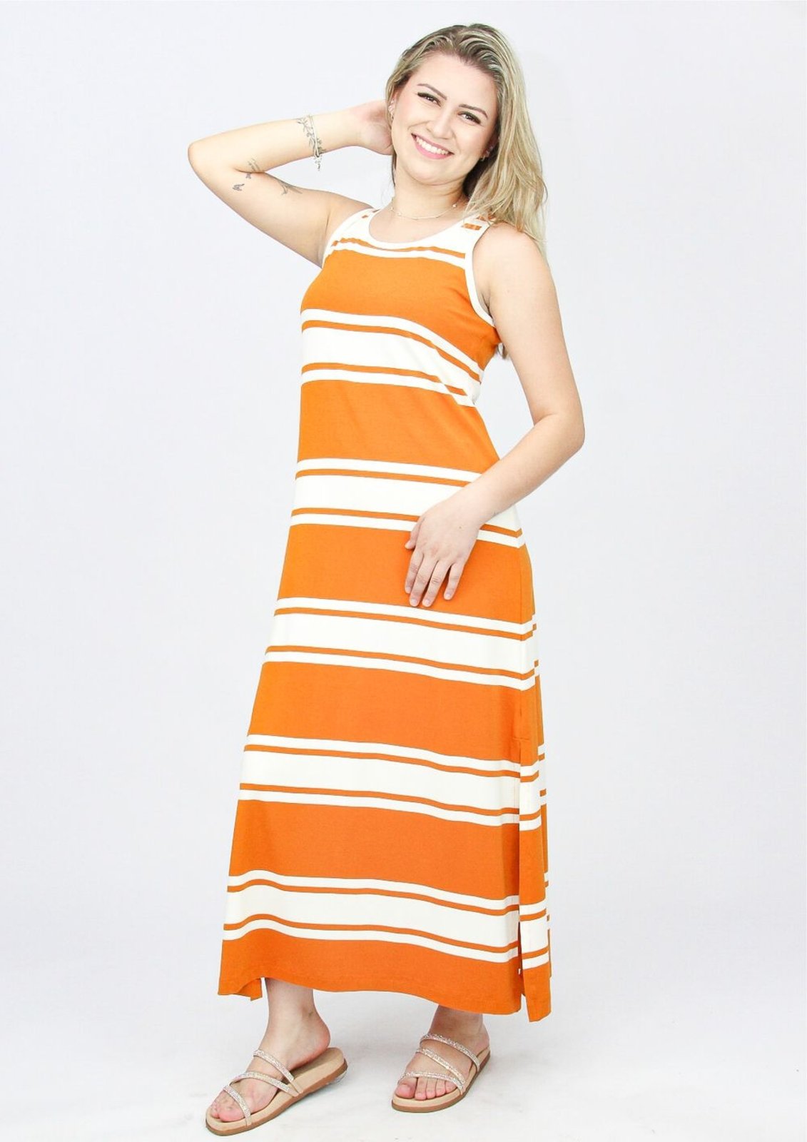 Vestido Regata Midi Pau a Pique Listrado Mostarda AMARELO OURO – G Pau a Pique