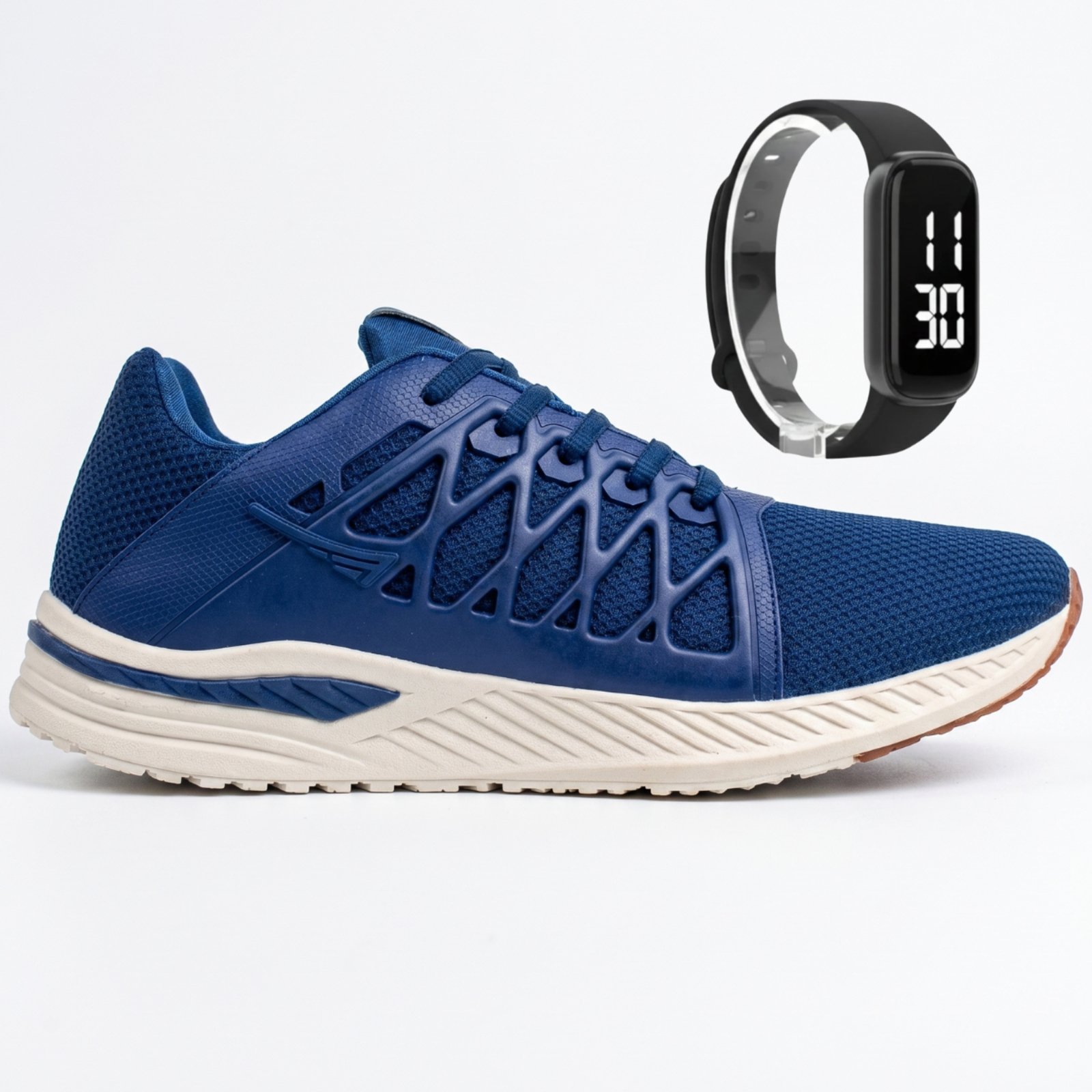 Tênis Corrida Masculino Academia Running Marinho Confortável Treino + Relógio Kit