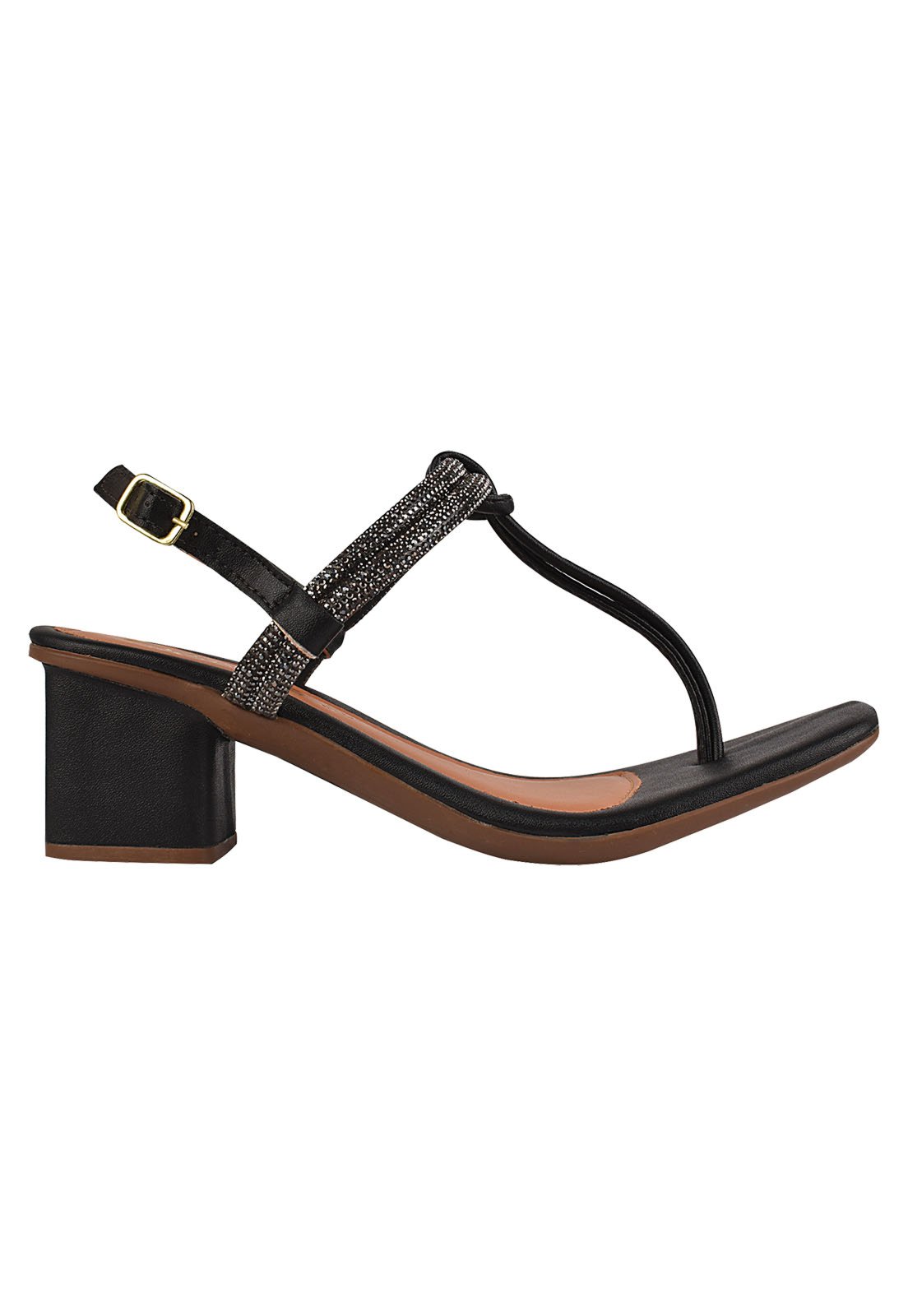 Sandália Feminina Salto Baixo 5cm Bloco Amarração Strass Brilho Bico Quadrado Amarração
