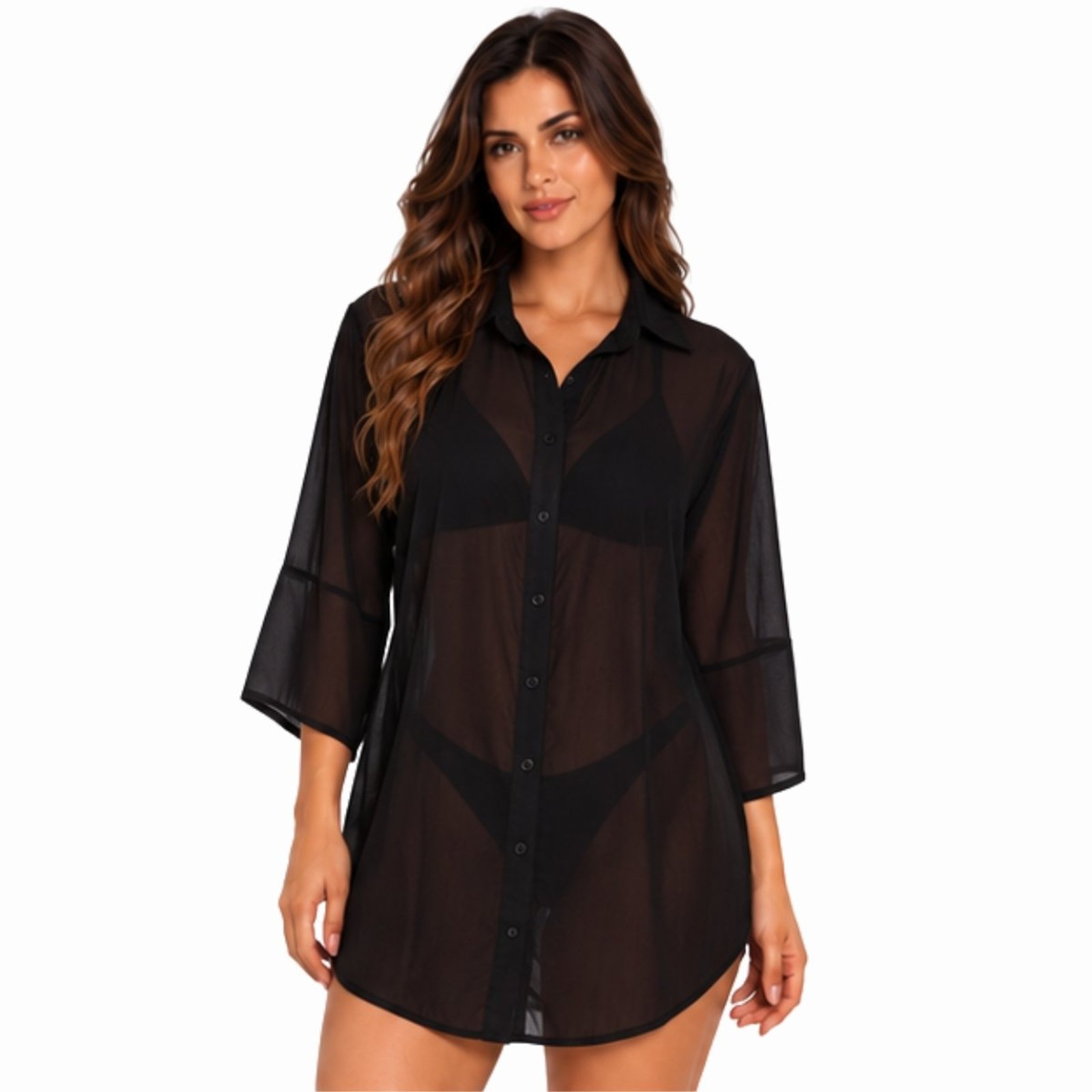 Saída de Praia Feminina Chemise Camisão com Botões Preto