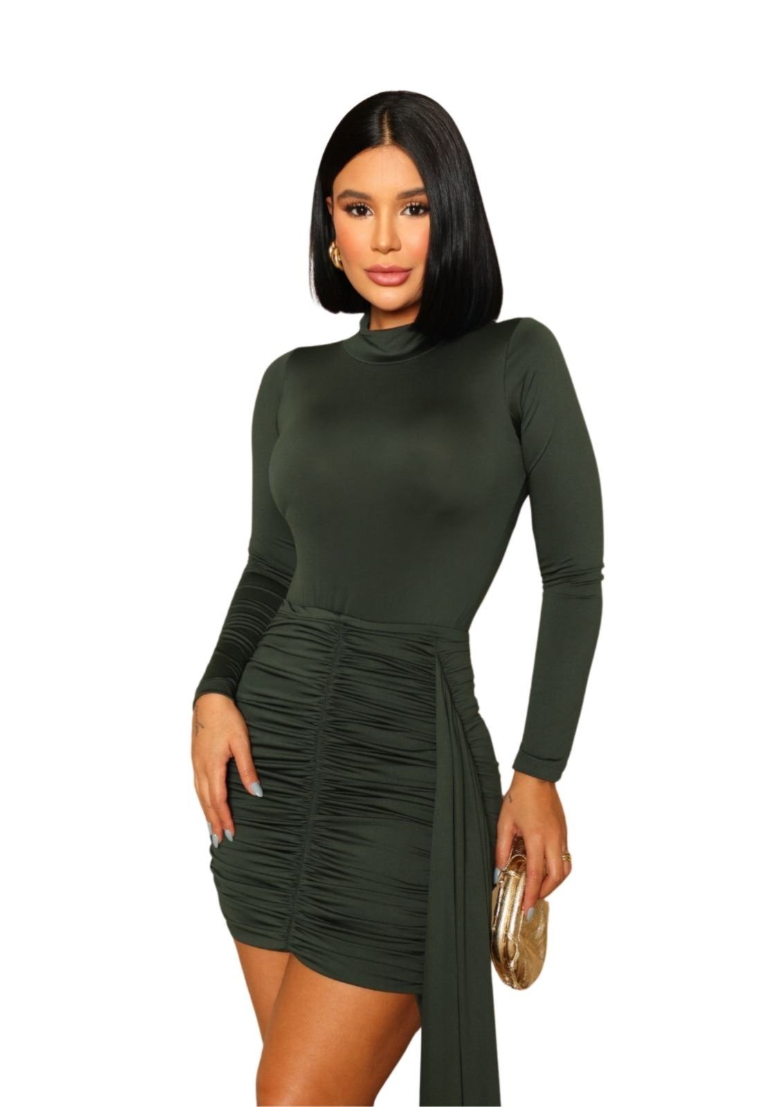 Vista 3 Conjunto Body Manga Longa e Saia Curta Balada Andressy Verde Oliva Cia do Vestido verde militar Cia do Vestido verde militar
