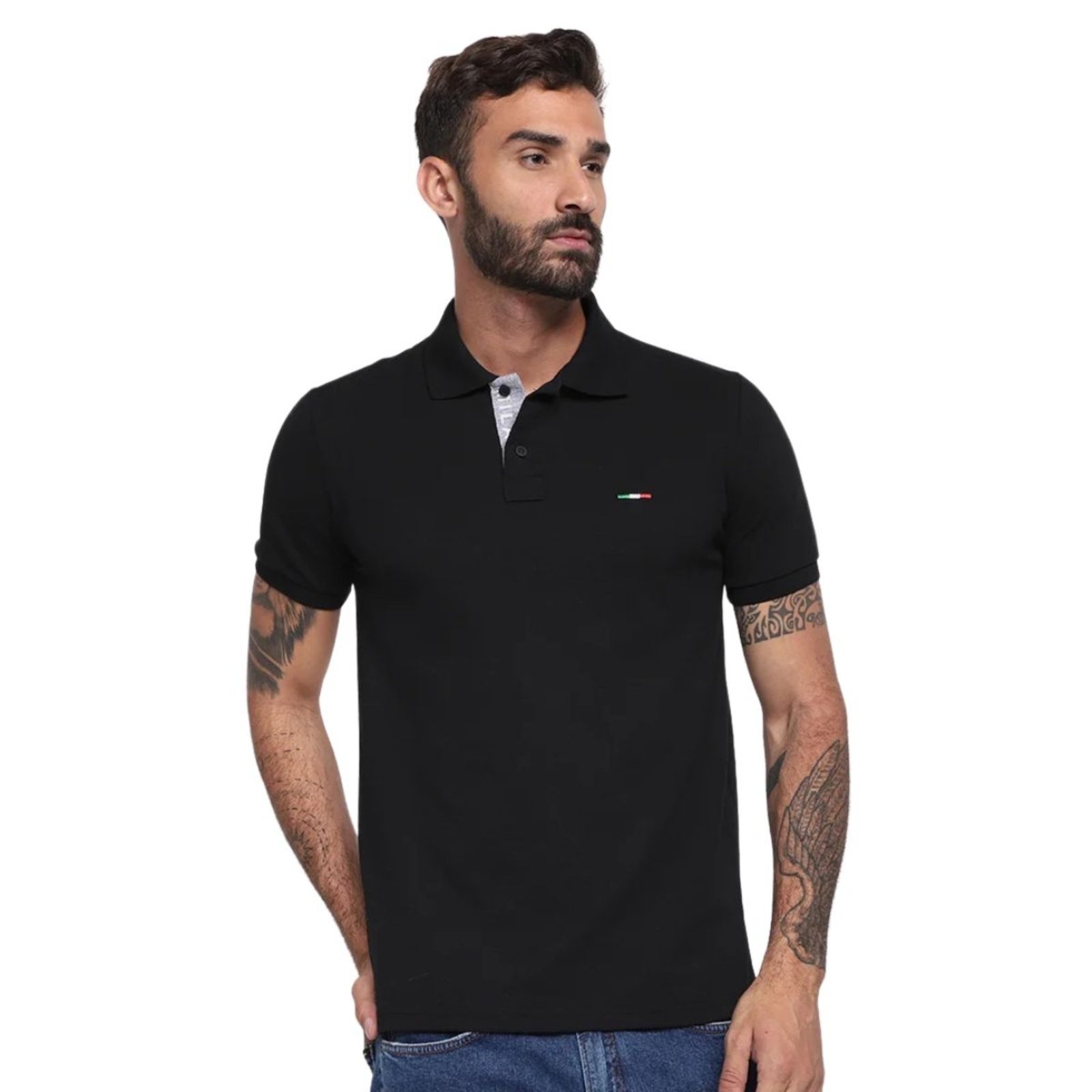 Vista 3 Kit 2 Polos Masculina Básicas FMF Piquet no Estilo Tommy Bordado Itália Preto Cinza multicolorido FMF multicolorido