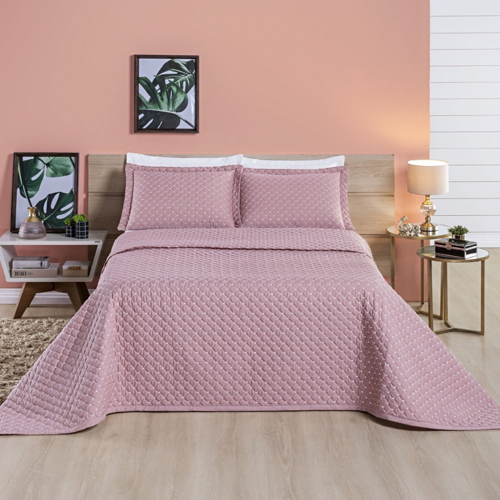 Kit Cobre Leito Colcha Casa Scarpa Vênus King Dupla Face Micropercal 200 Fios Liso 3 Peças - Rosê