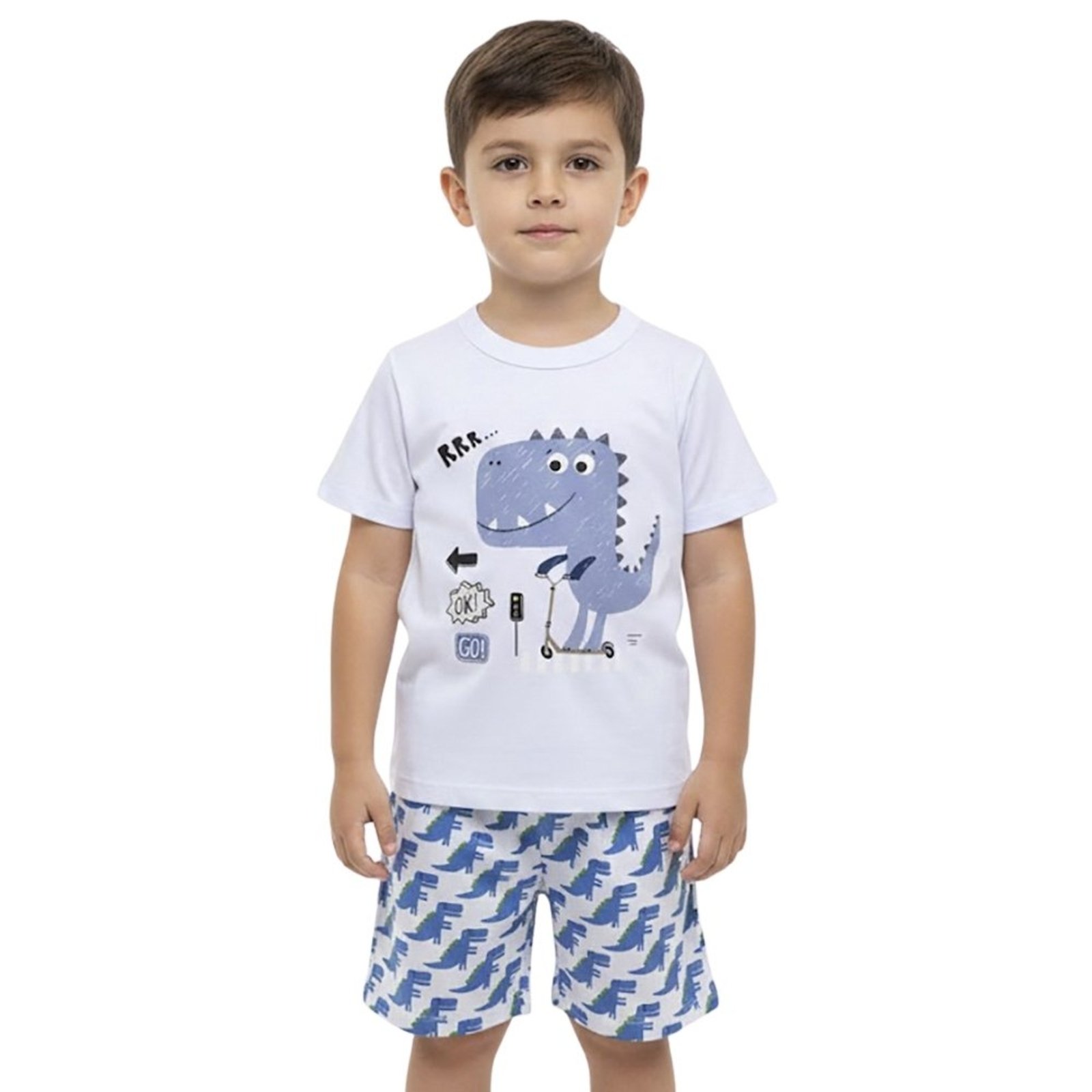 Infantil - Conjunto Look Jeans Camiseta e Shorts Estampa Dino