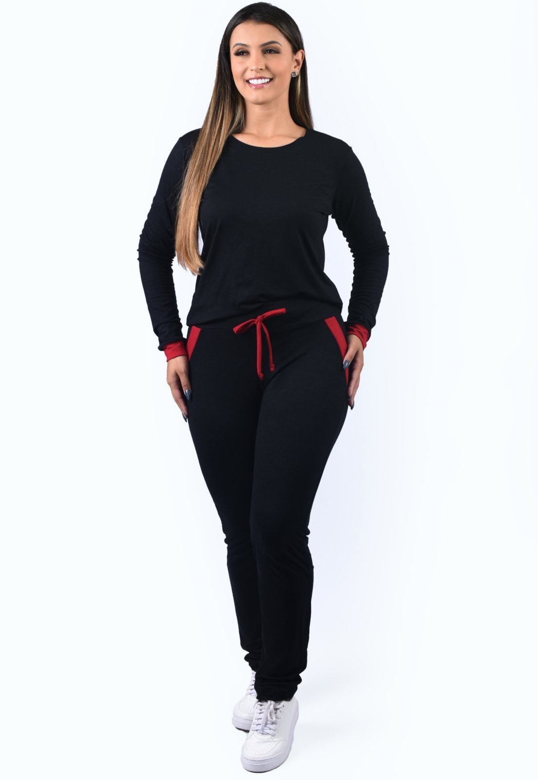 Conjunto Viscolycra Maria Paes Calça e Blusa Manga Longa Preto e Vermelho